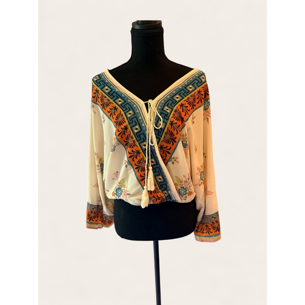 "Desert Carnival Bloom" Boho Floral Geometric Wrap Blouse Batwing Large - Picture 5 of 11